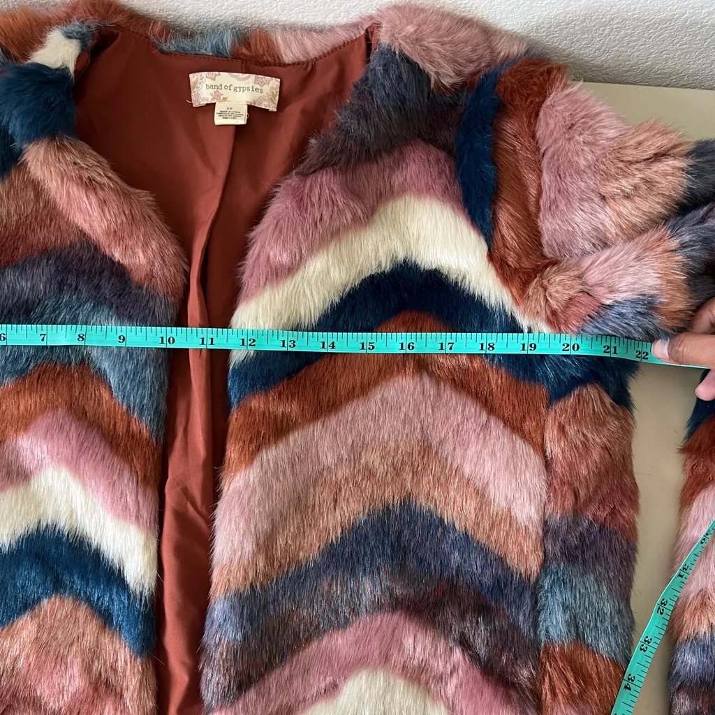 Band of Gypsies Faux Fur Chevron Jacket XS Boho Disco Rust Multicolor Open Front - Image 10