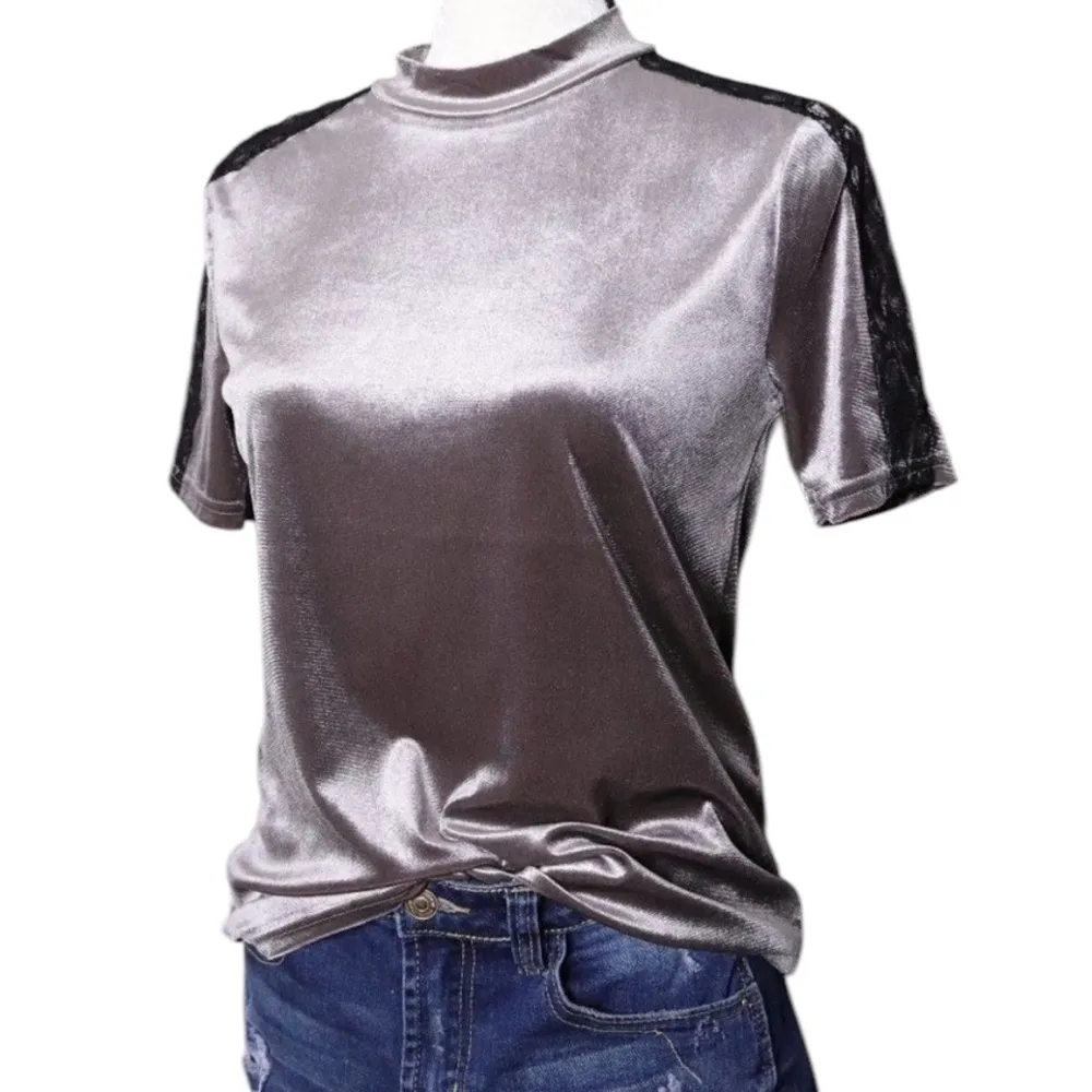 ZARA TRAFALUC GRAY VELOUR BLACK LACE MOCK NECK PULLOVER SHORT SLEEVE TOP S - Image 2