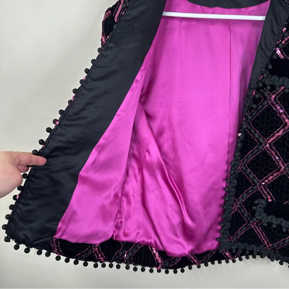 Vintage Jill Richards Blazer Black Pink Velvet Sequins Open Front Jacket M/L? Size L - Image 5