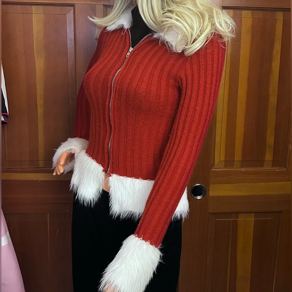 LAST ONE Holiday Fuzzy Fur Trim Sweater Red Size M - Image 9