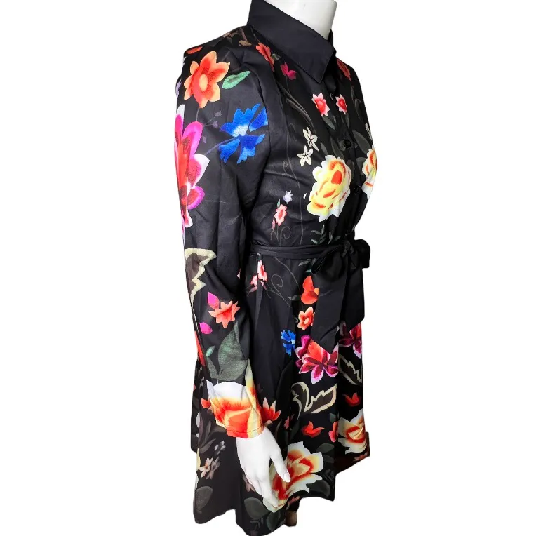 Women Floral Printed Casual Button Down Belted Blouse Dress SMALL Multi - Image 6