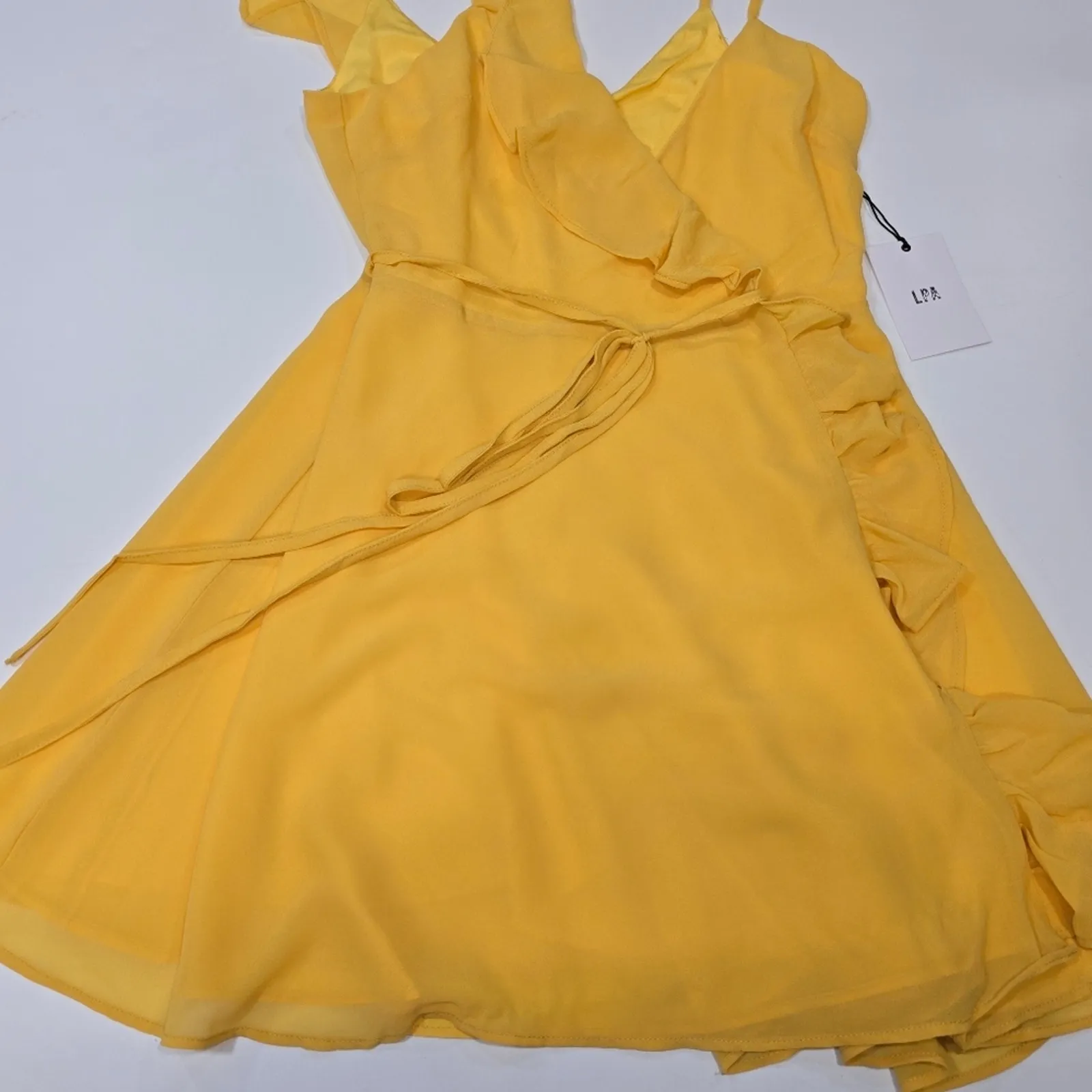 LPA Asymmetrical Ruffle Wrap Dress in Golden Yellow XS - Image 7