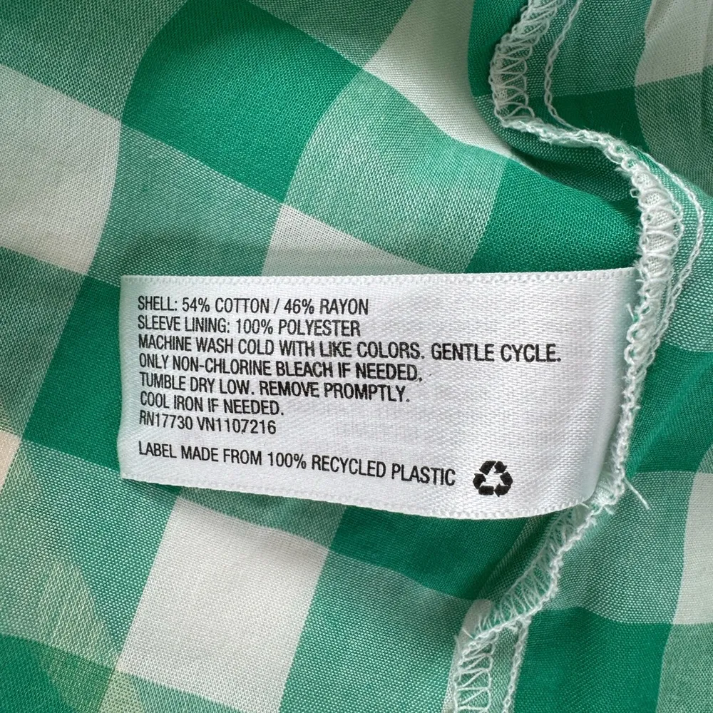 A New Day Green and White Gingham Picnic Plaid Blouson Sleeve V Neck Blouse Sz S - Image 6