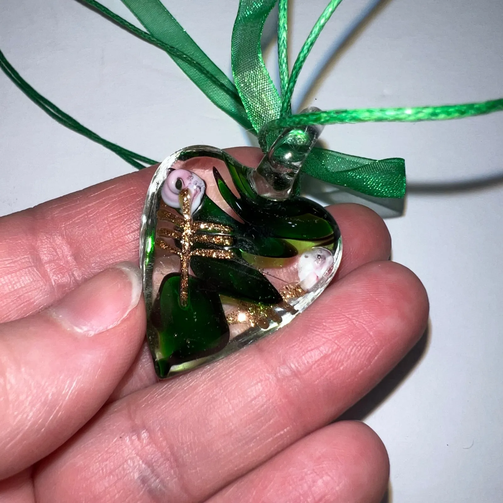 Murano Glass Heart Pendant Necklace Clear Green Pink Gold Hand Painted Flower - Image 5