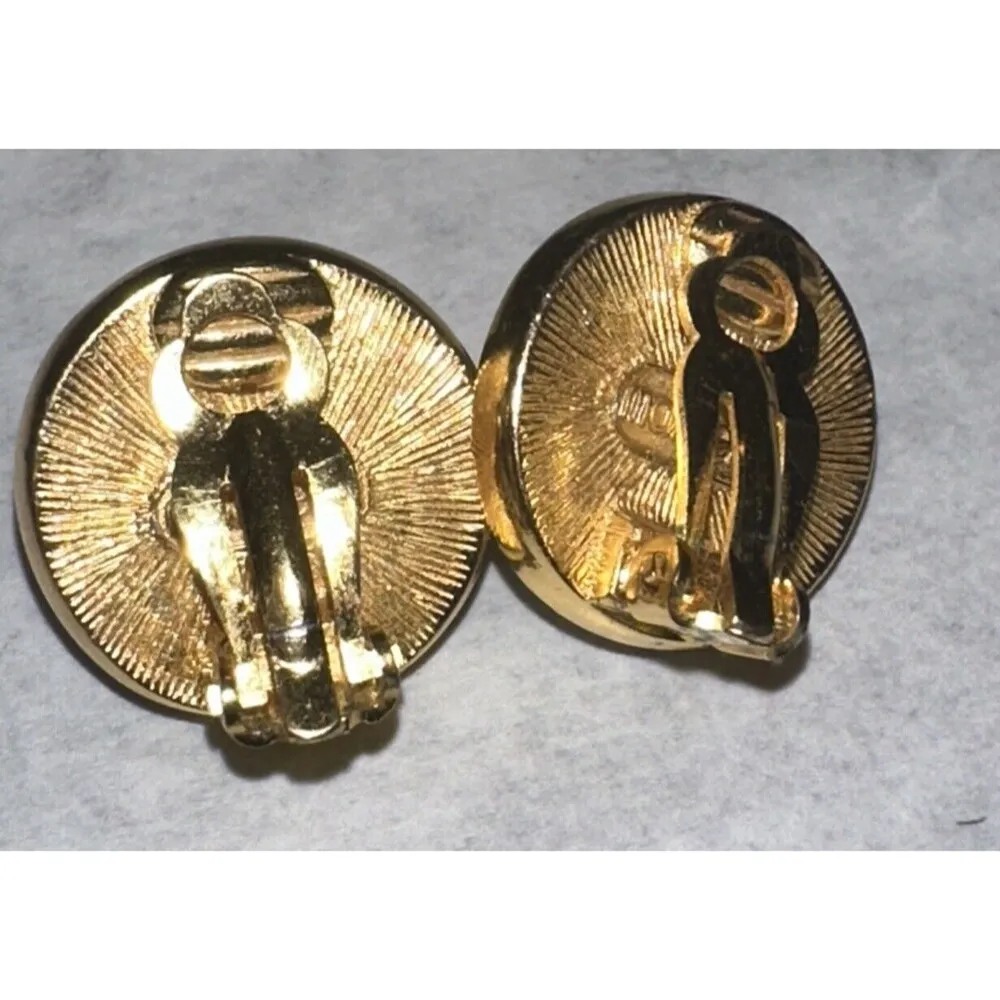 Marvella Gold Tone Faux Pearl Cabochon Rhinestone Halo Earrings Clip On - Image 3