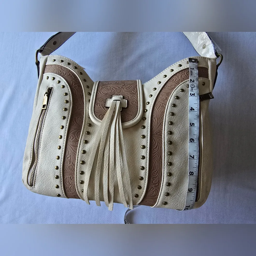 Western Style Embossed‎ Ivory/Tan Shoulder Bag Tan - Image 11