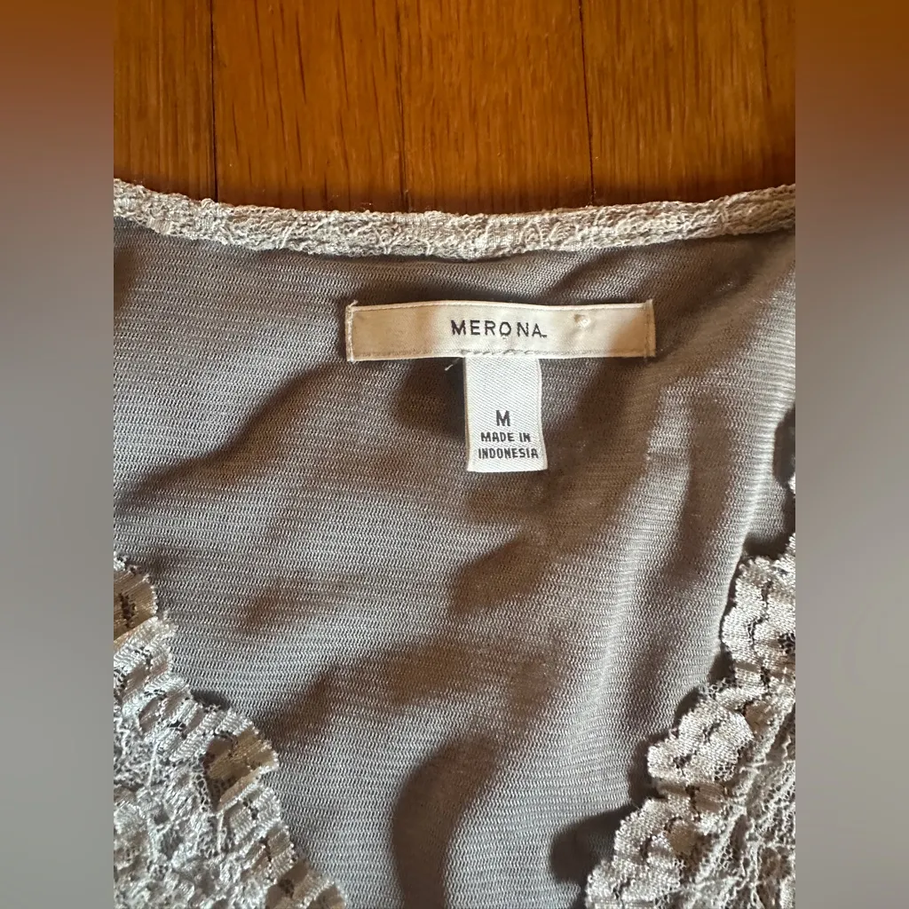 Vintage Y2K Merona Champagne & Grey Sleeveless Lace Stretch Babydoll, Size M - Image 4