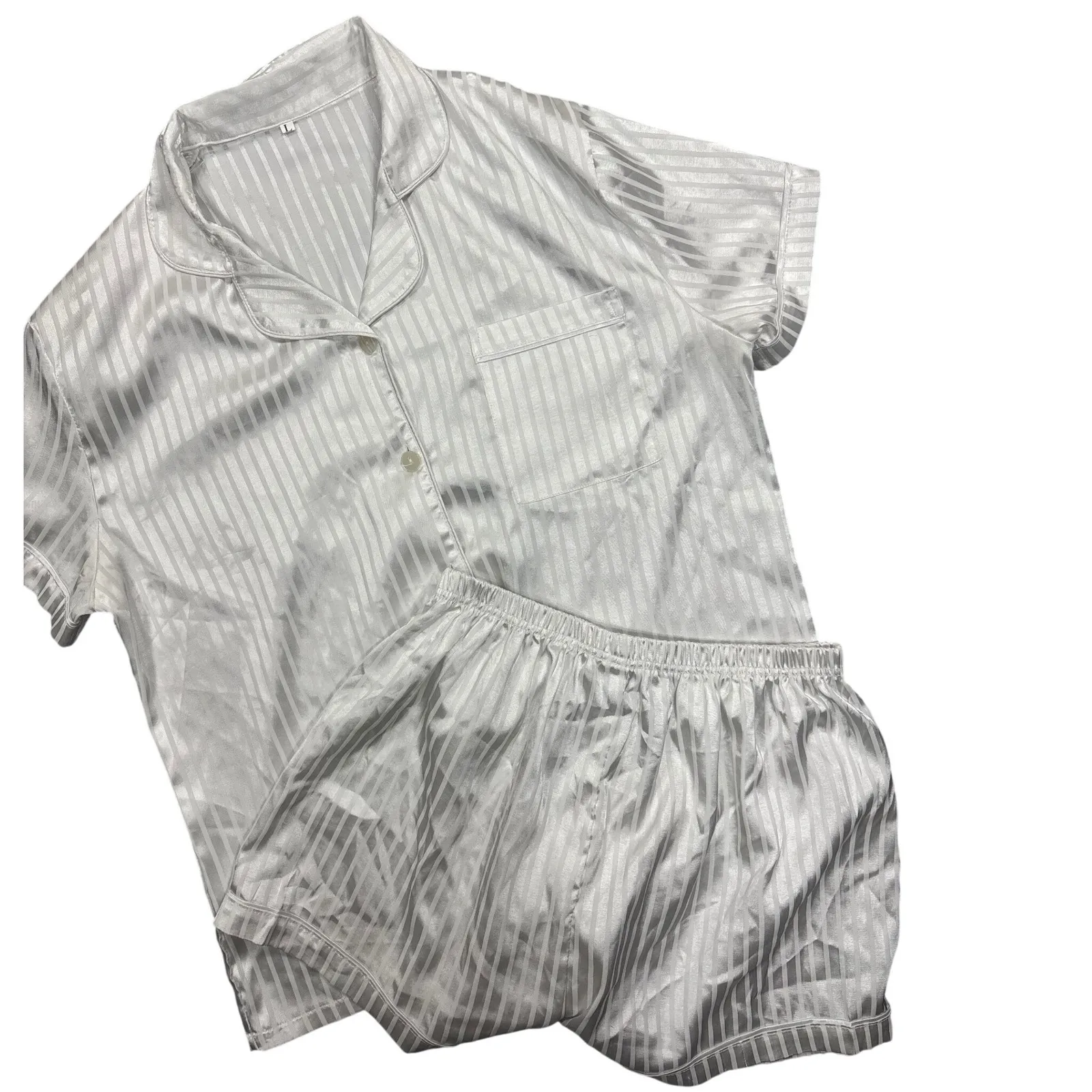 Shein Women's Large White Satin Stripe Pajama Set Shirt Shorts Bridal - Image 3