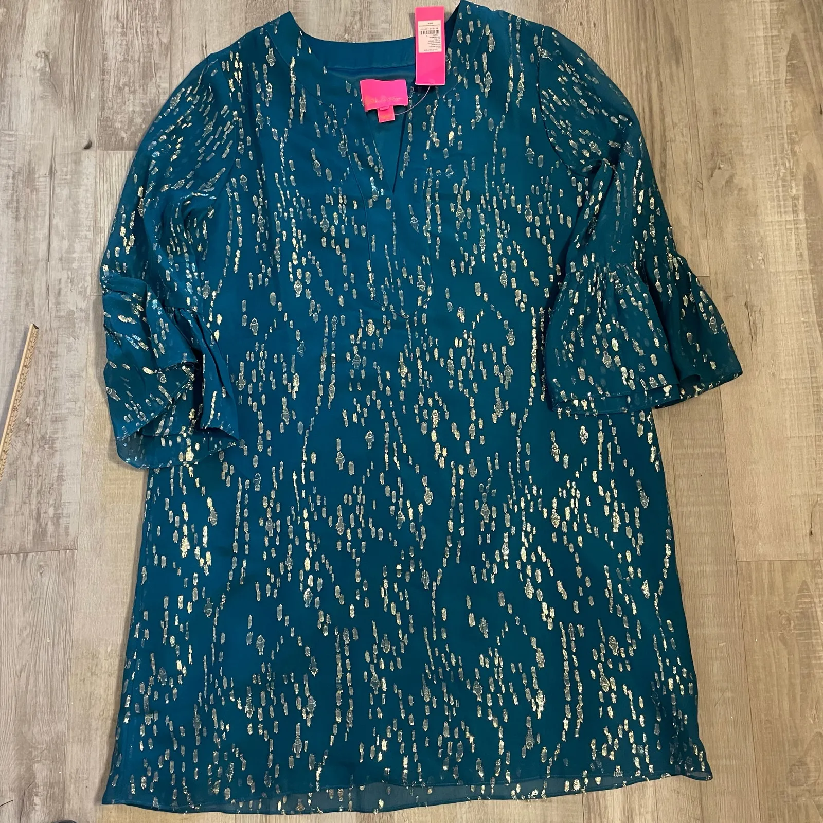 NWT Lilly Pulitzer ELENORA SILK DRESS Inky Tidal Fish Clip Chiffon Teal Size L - Image 9