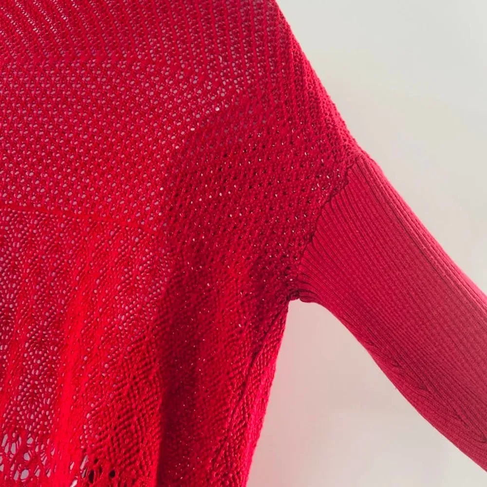 Eileen Fisher Red Open Front Drape Mixed Knit Silk Cardigan Size Small Red - Image 12