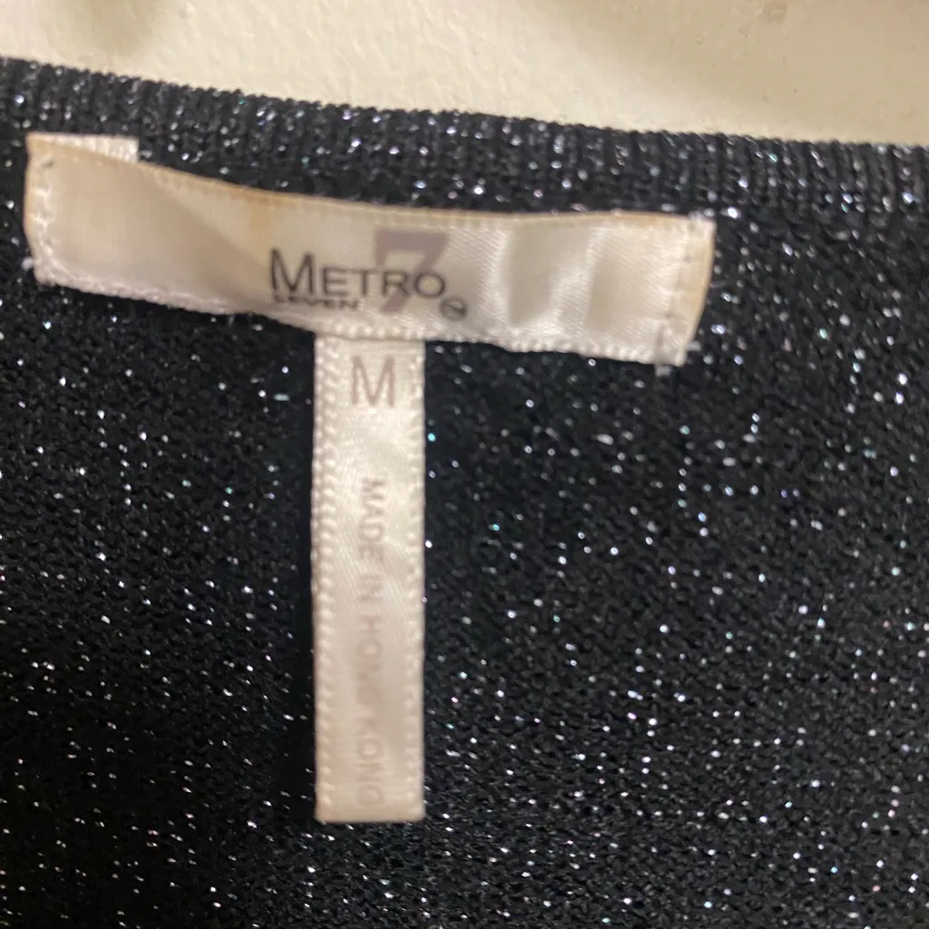Metro Womens 3/4 Sleeve Top Blouse M Black V Silver Glitter Sparkle New Years Size M - Image 2