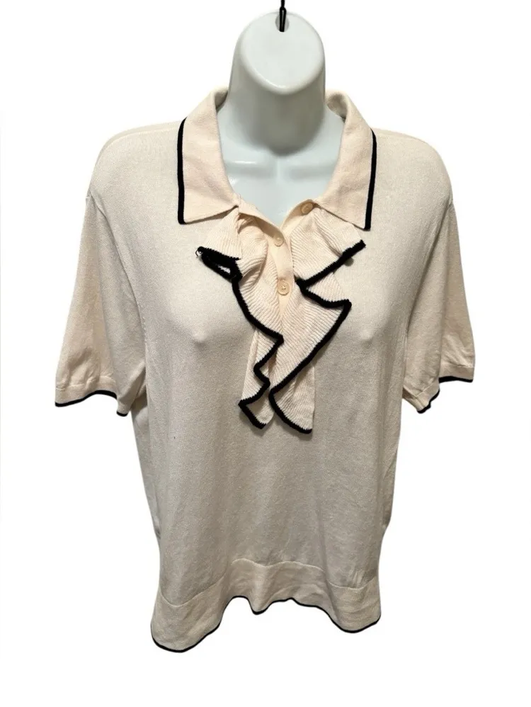 Lauren Ralph Lauren Two Tone Ruffle Trim Polo SS Sweater Sz XXL Cream Black - Image 3