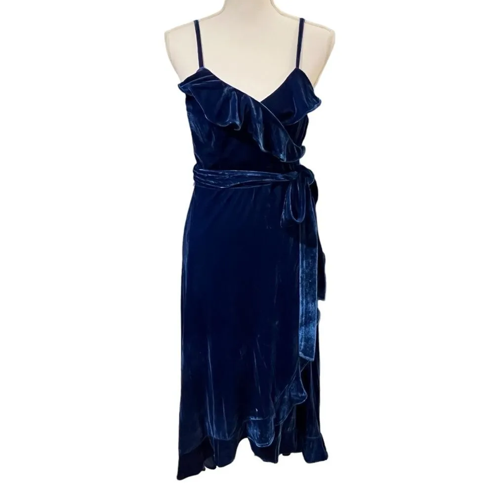 BCBGeneration Blue Velvet Wrap Dress Sz L Ruffle Trim Whimsigoth Baddie Romantic - Image 2