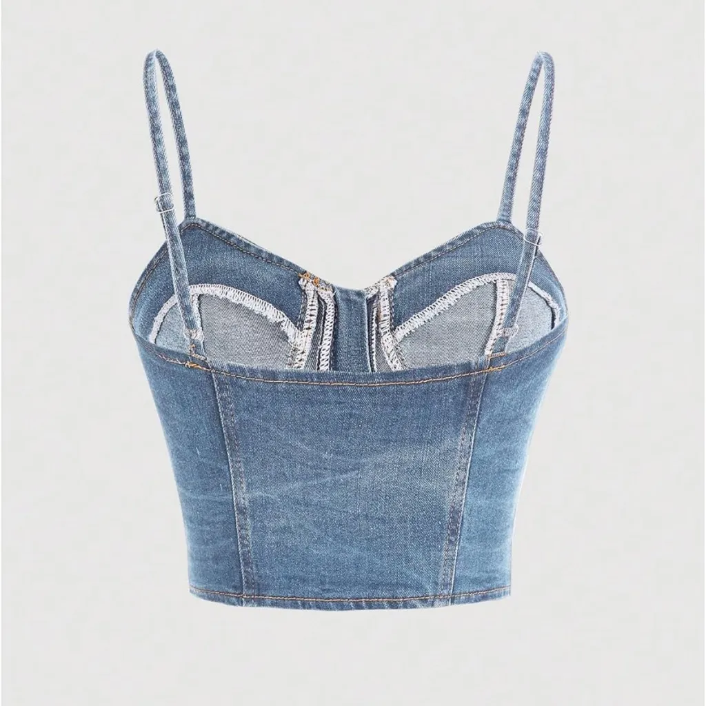NWT Denim Bustier Crop Top – Zip Front Spaghetti Strap Jean Cami Tank – XS Blue - Image 2