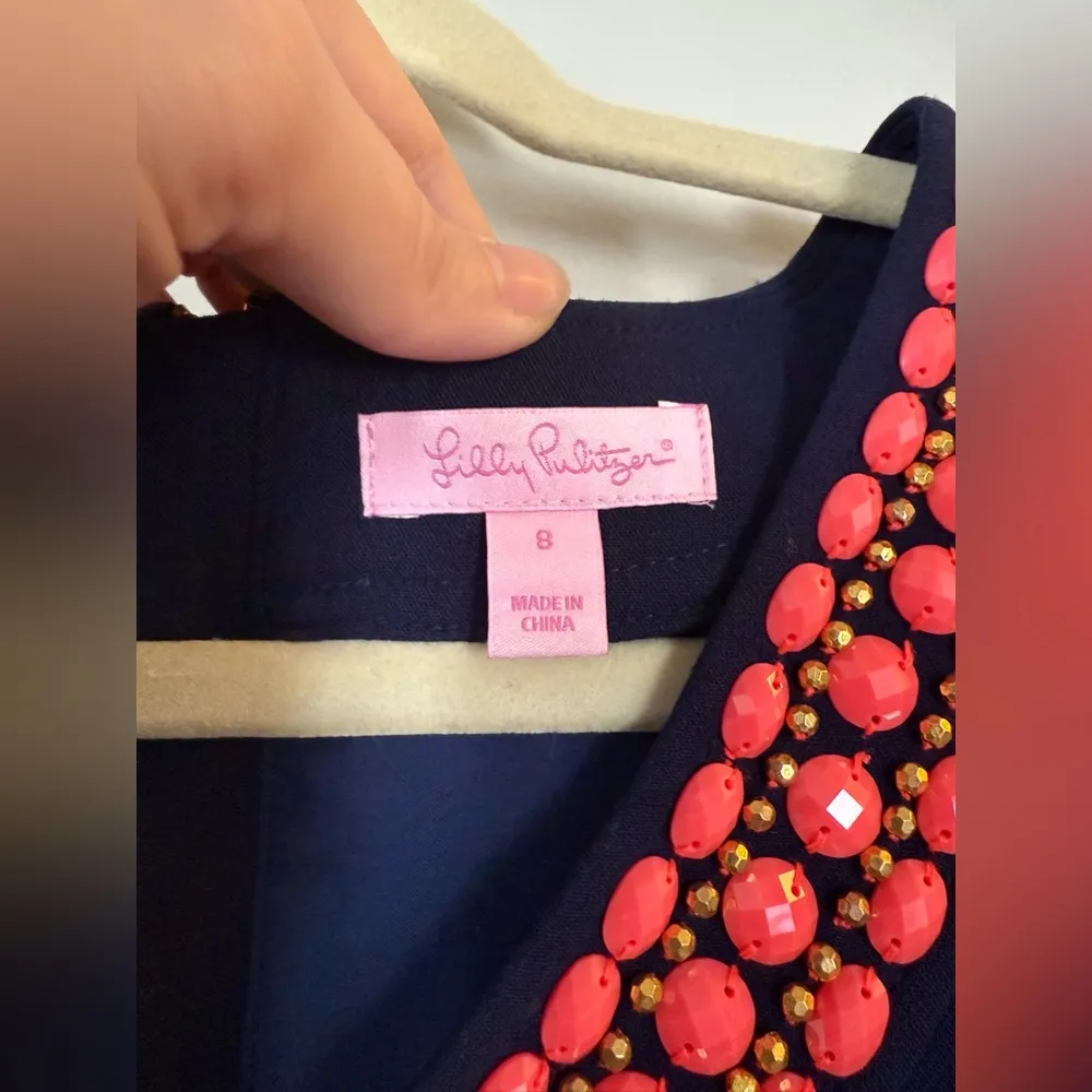 Lilly Pulitzer Bennett Shift Dress Navy Blue Coral Beading Detail Size 8 - Image 5