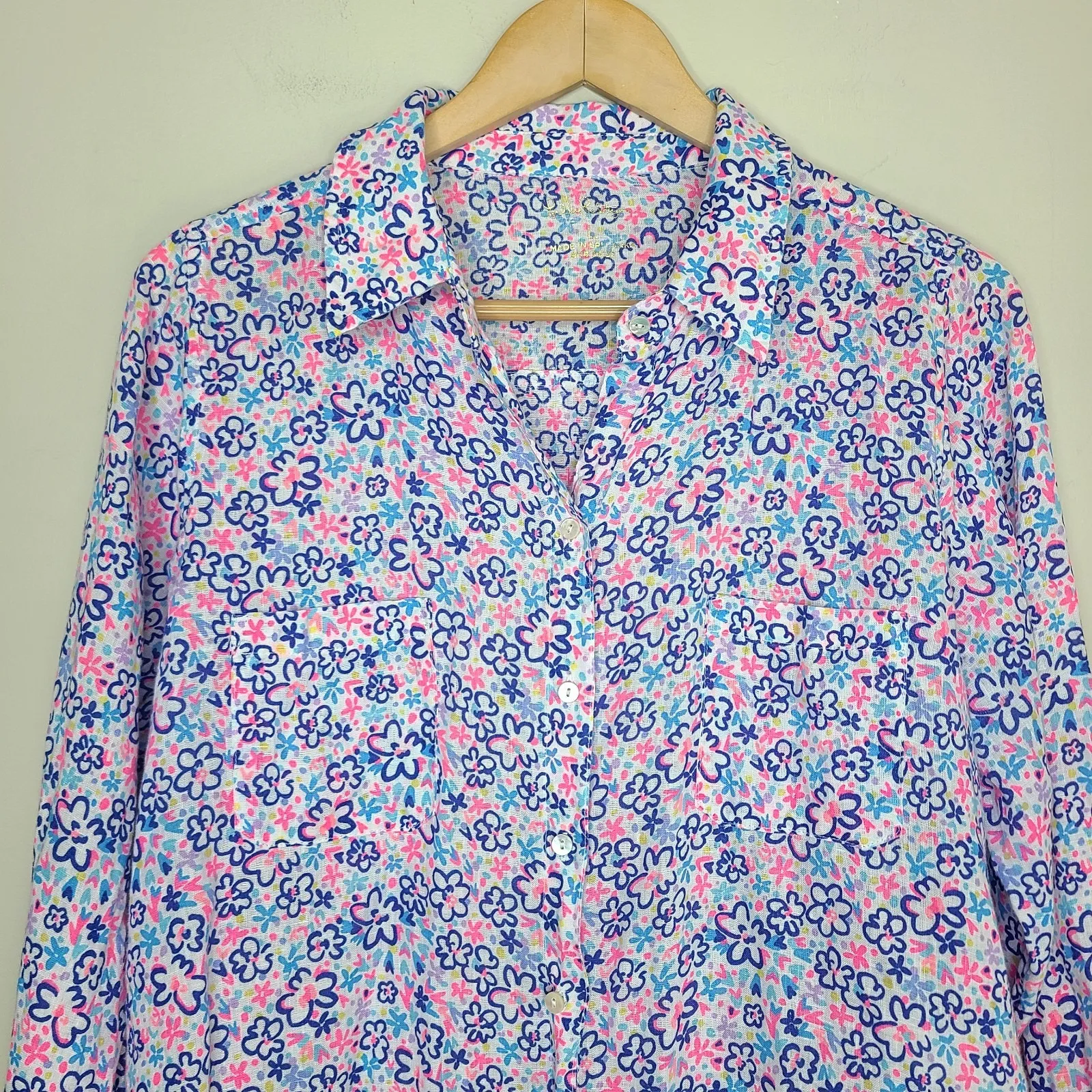 Lilly Pulitzer‎ Sea View Linon Button Down Top Shirt Fun Sun Repeat Ditzy Sz L - Image 2