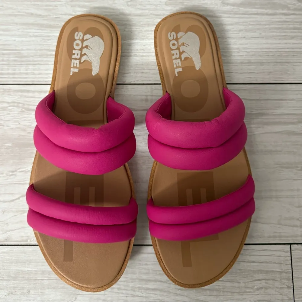 SOREL WOMEN'S ELL II LEATHER PUFF SLIDE SIZE 8.5 Fuchsia Fizz, Sea Salt color - Image 6