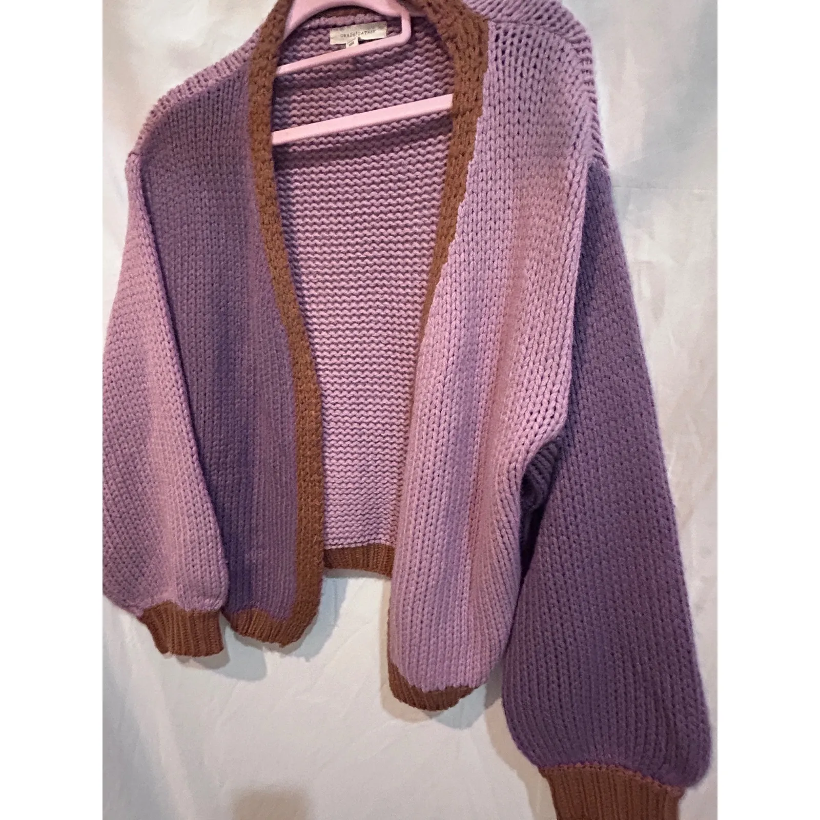Grade Gather Colorblock Balloon Sleeve Knit Cardigan Sweater Purple Brown Size S - Image 5