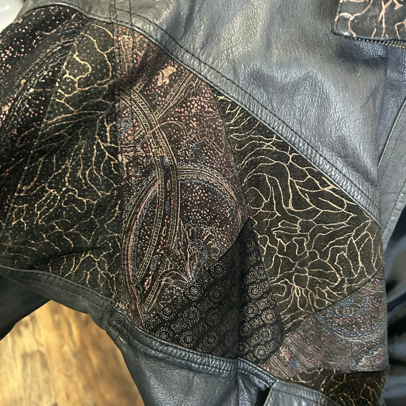 Vintage 80s Black Leather Jacket Metallic Gold Patchwork Suede Large 1990s 1980s - Image 7