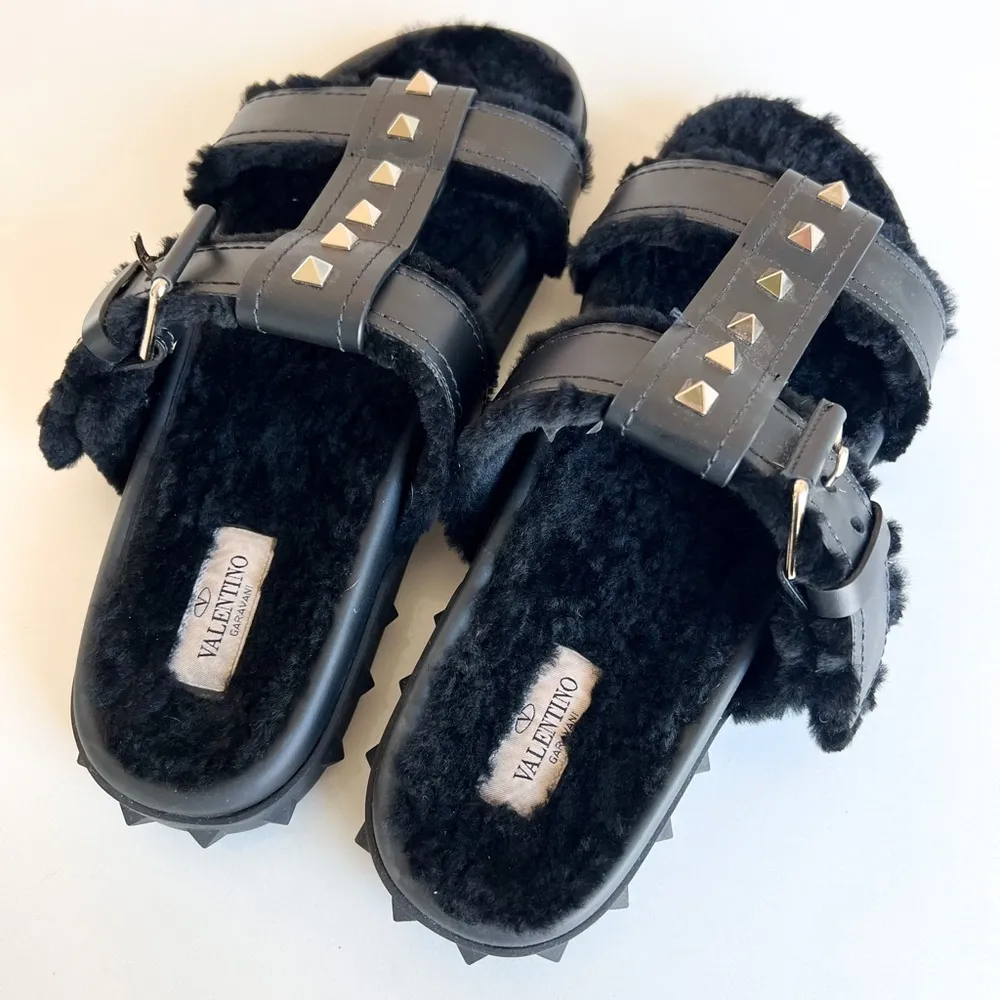 Valentino Rockstud Black Shearling Fur Caged Slides Sandals - Image 2