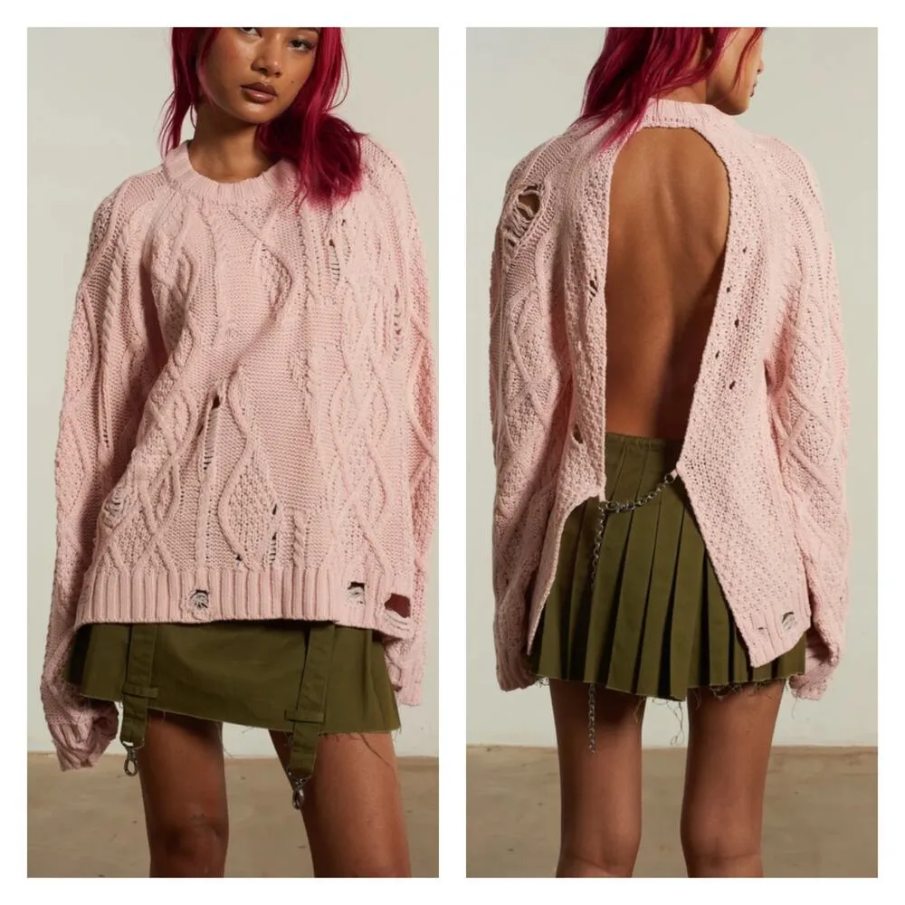 The Ragged Priest - Open Back Distressed Cable Knit Sweater in Light Pink - Image 4