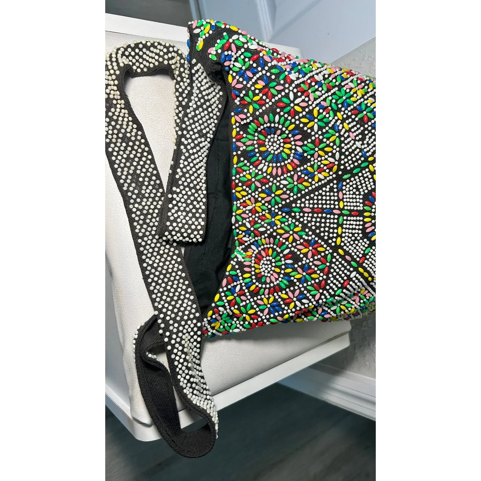 Vintage Boho Beaded Shoulder Bag Multi Color Flower 70's Fringe Festival Bag Black - Image 8