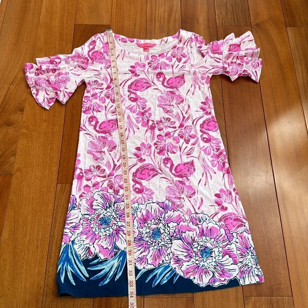 Lilly Pulitzer Lula Dress Coral Reef Tint Flamingle Engineered Waffle sleeves S - Image 11