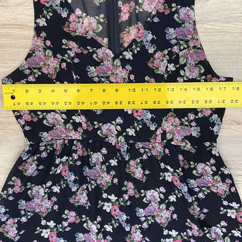 Navy Blue w Pink, Green, Purple, White Floral Print Sleeveless Dress M - Image 7