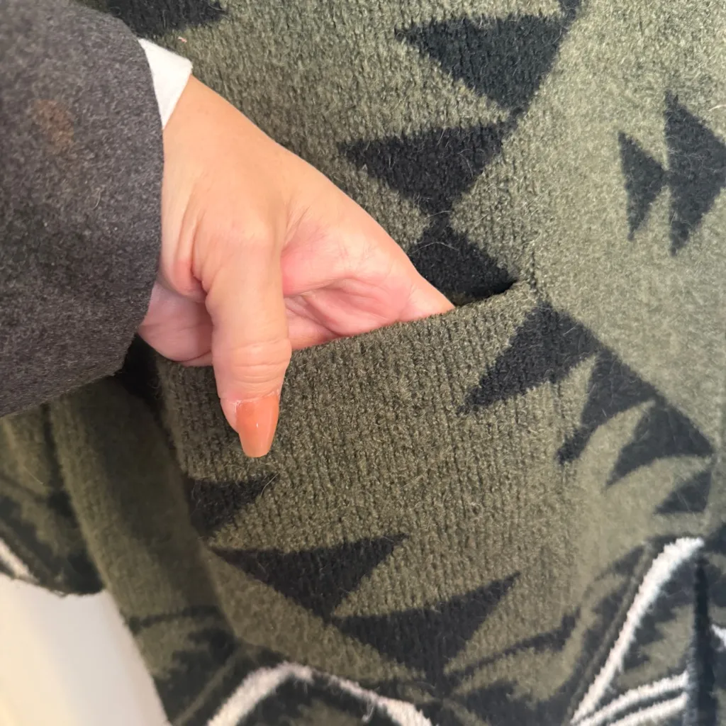 Frye Green and Black Geometric Cardigan Open Front Medium - Image 6