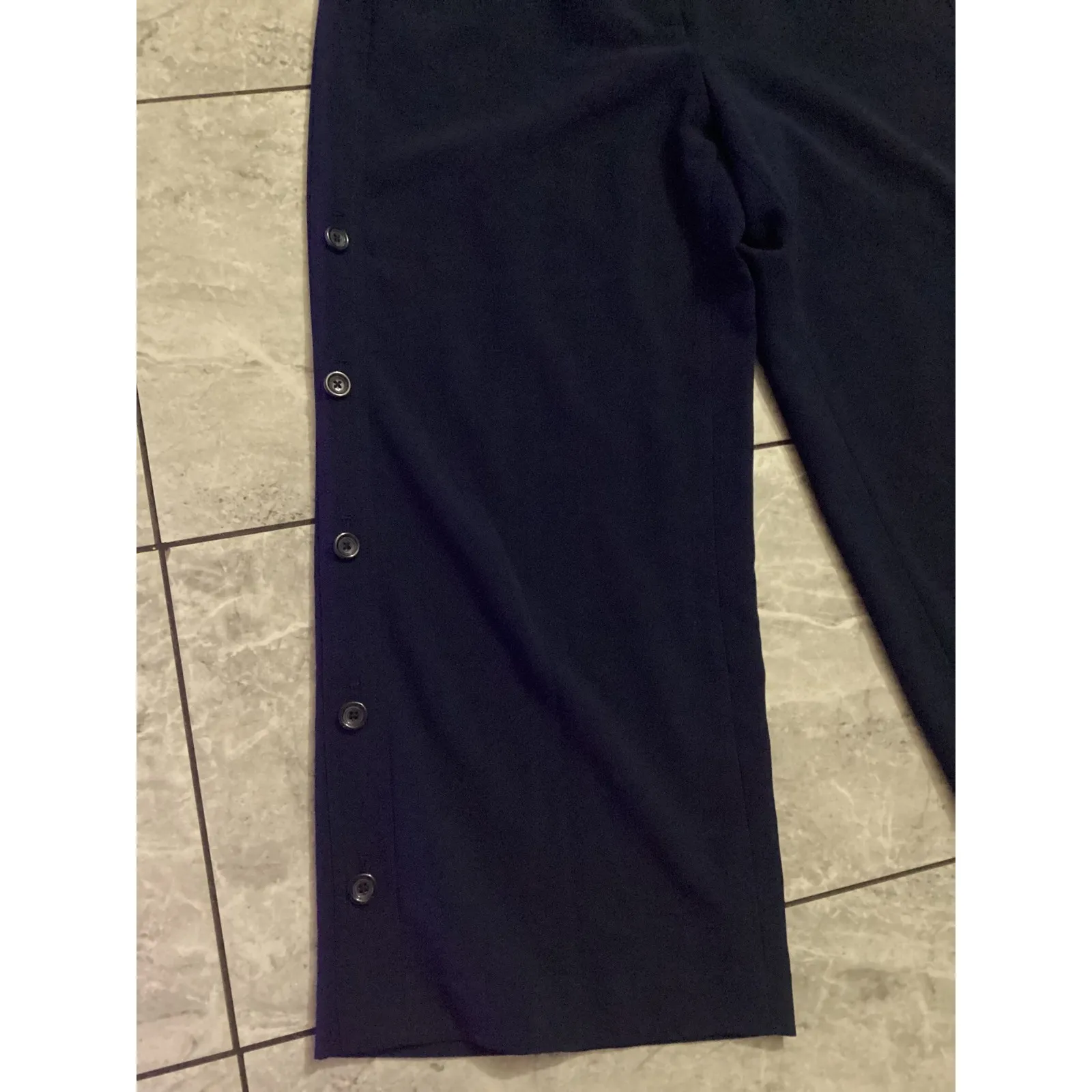 White House Black Market Wide Leg Crop Pants Navy Blue Button Detail Size 8 - Image 2