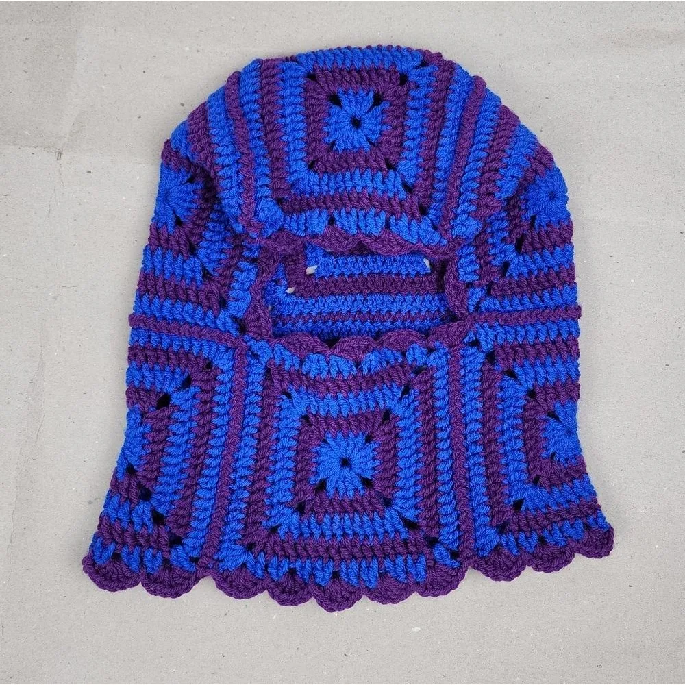 New Crochet Handmade Balaclava Granny Square Blue Purple hat beanie head warmer - Image 7