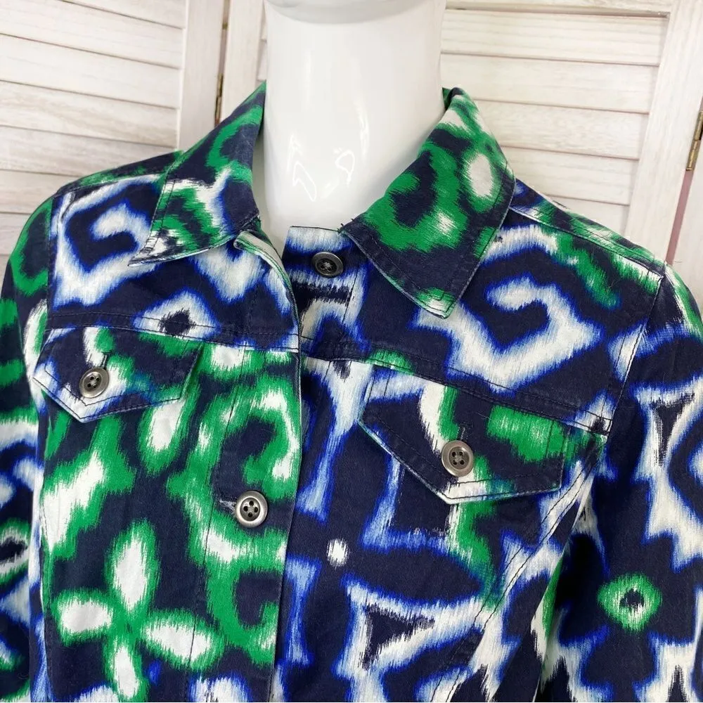 Chico’s Floral Ikat Stretch Cotton Jacket Blue Green Small 3/4 Sleeve - Image 5