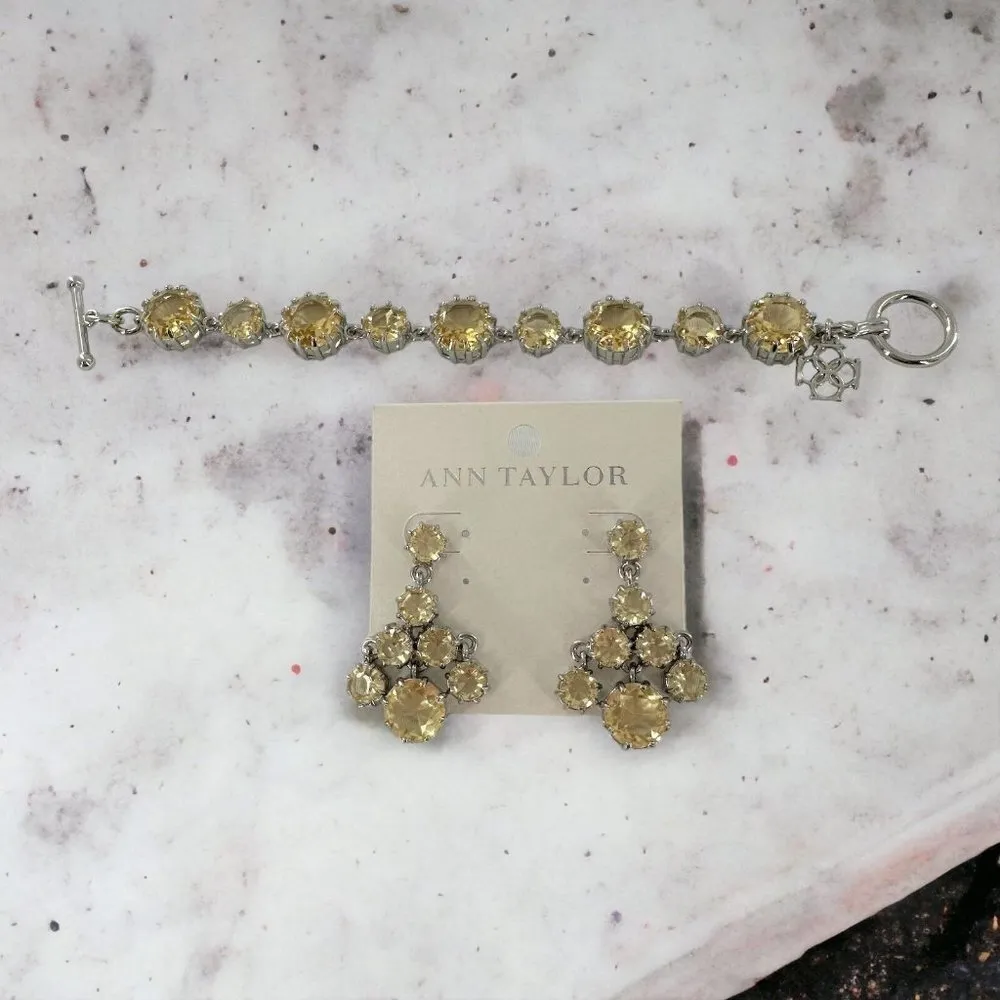 NEW/NWT Ann Taylor Champagne Crystal Bracelet and Drop Earrings Silver Tone - Image 2