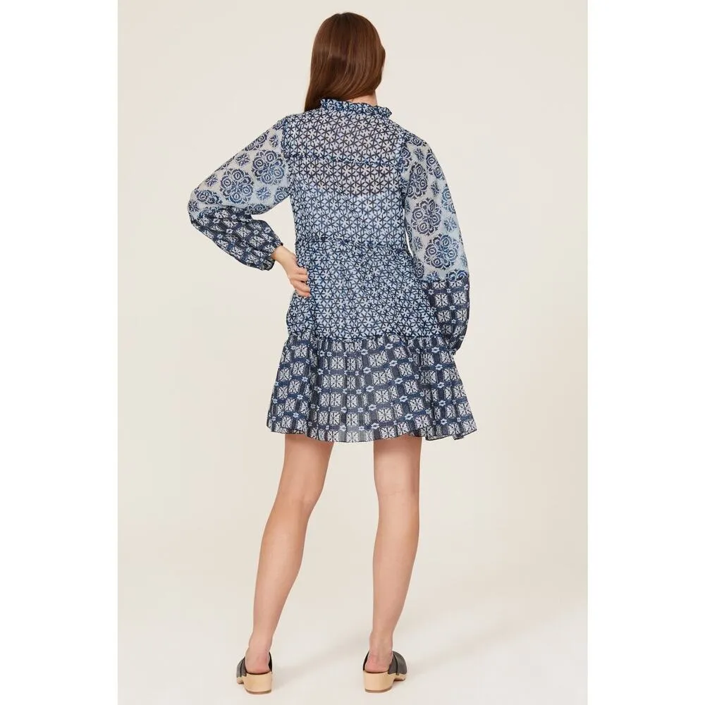 MAJE Women's Blue Patchwork Print 100% Cotton Crewneck Shift Dress Size 40 - Image 2