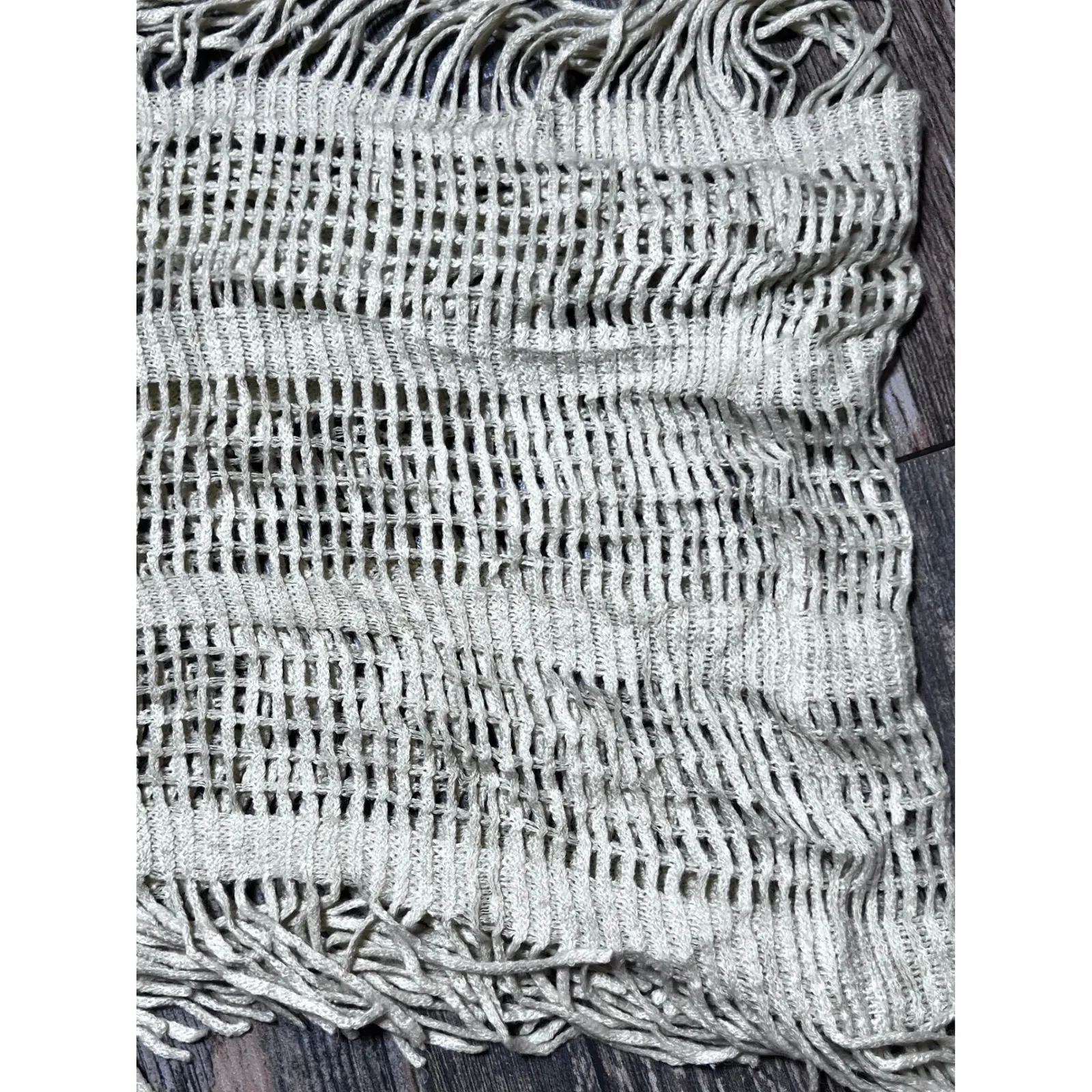 Beige Crochet Infinity Scarf Fringe Boho Festival Cowl 30" Cottagecore Cozy Warm Tan - Image 3