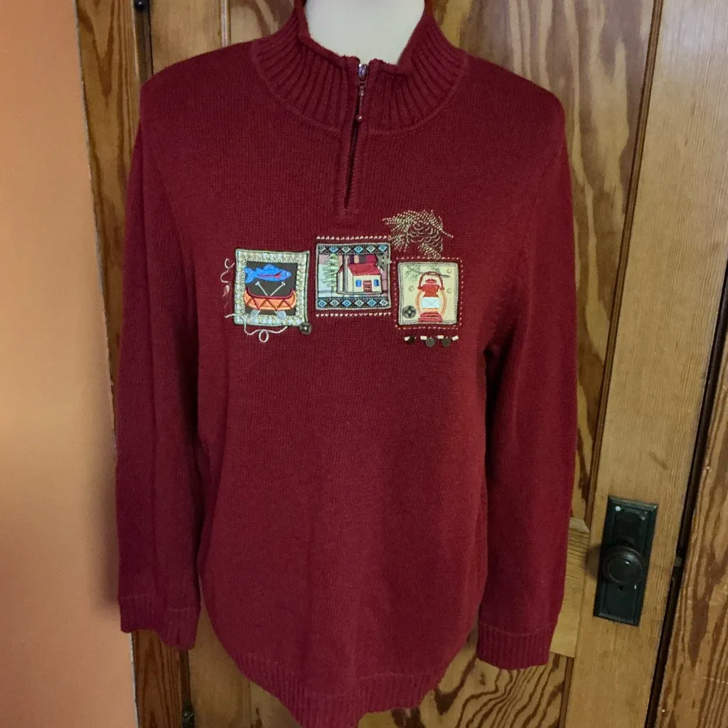 Y2K Kitschy Embroidered Sweater Cottagecore Cabin Lantern Fish Motif Zip Neck Size L - Image 6
