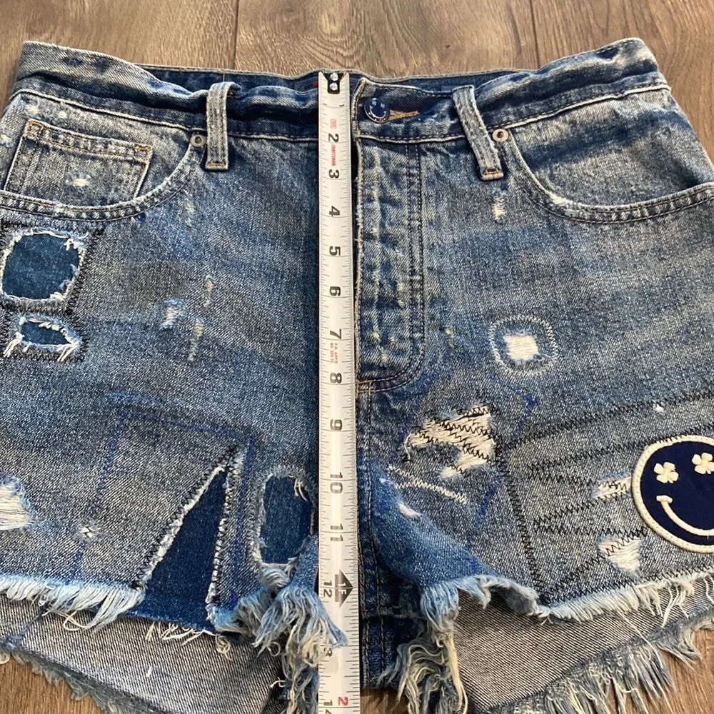 Lucky Brand High Rise Distressed Graphic Button Fly Cut Off Blue Jean Shorts Siz - Image 7