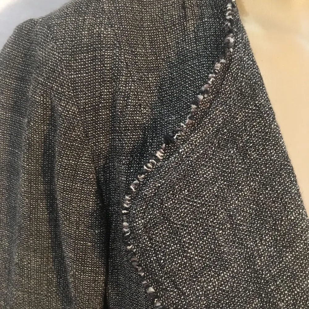 Eileen Fisher Linen Blend Gray Woven Open Front Fringe Trim Long Sleeve Jacket S - Image 4