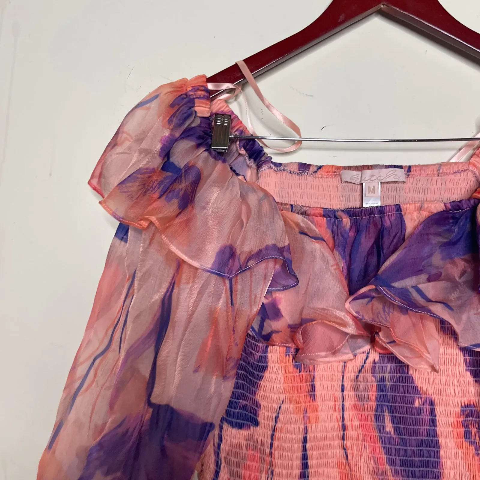 Hutch Ora Orange Floral smoked Top ballon long sleeves sz M - Image 4