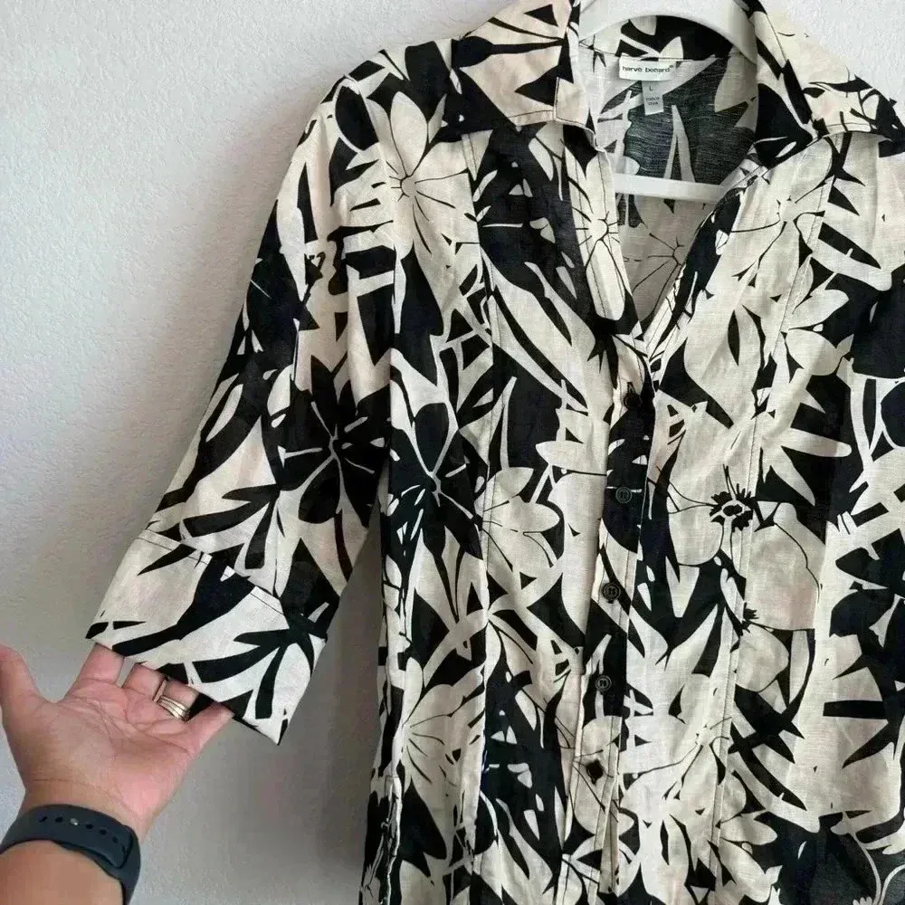 Harve Benard Woman's Black‎ Beige Floral Linen Blend Button Up Blouse Size L - Image 4