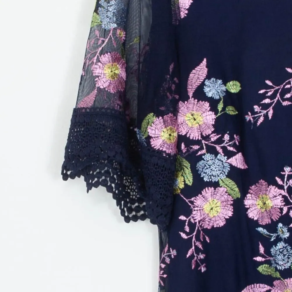 Rabbit Rabbit Rabbit Womens Floral Embroidered A Line Dress Size 8 Sheer Sleeves Blue - Image 3