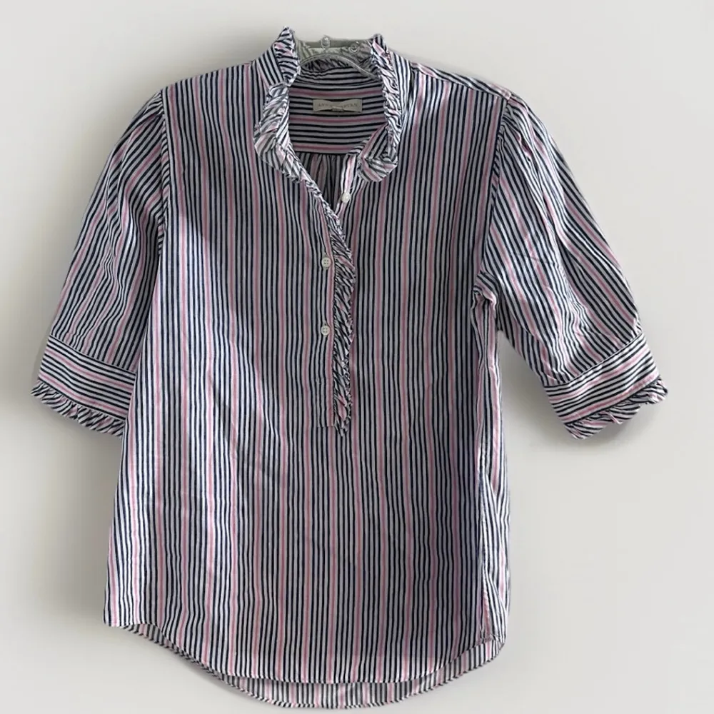 Ann Mashburn Button Down Shirt S elbow sleeve frill Linen Poplin Blue Pink Strip - Image 3