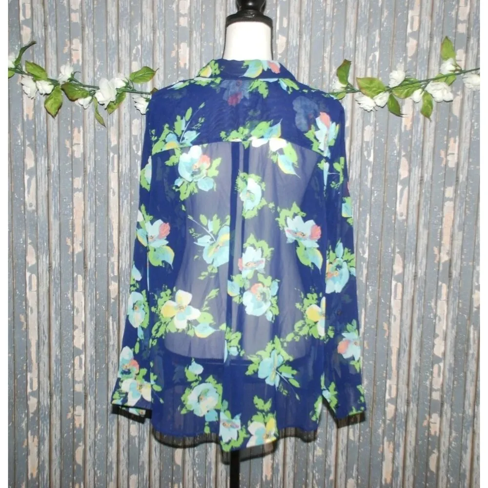 Liz Claiborne Women's Blue Floral Sheer Blouse Top Plus Size 1X V-Neck Long Sleeve - Image 5