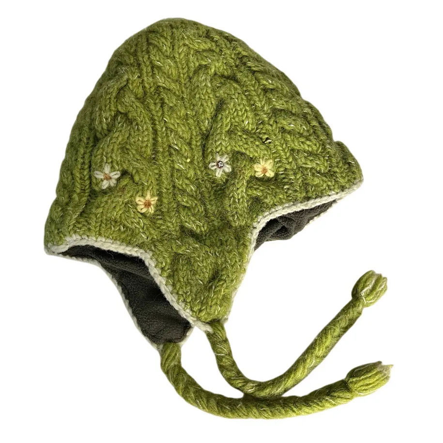 EVEREST Green Wool Hat Braids Fleece Cable Knit Flowers Trapper Hat One Size - Image 4