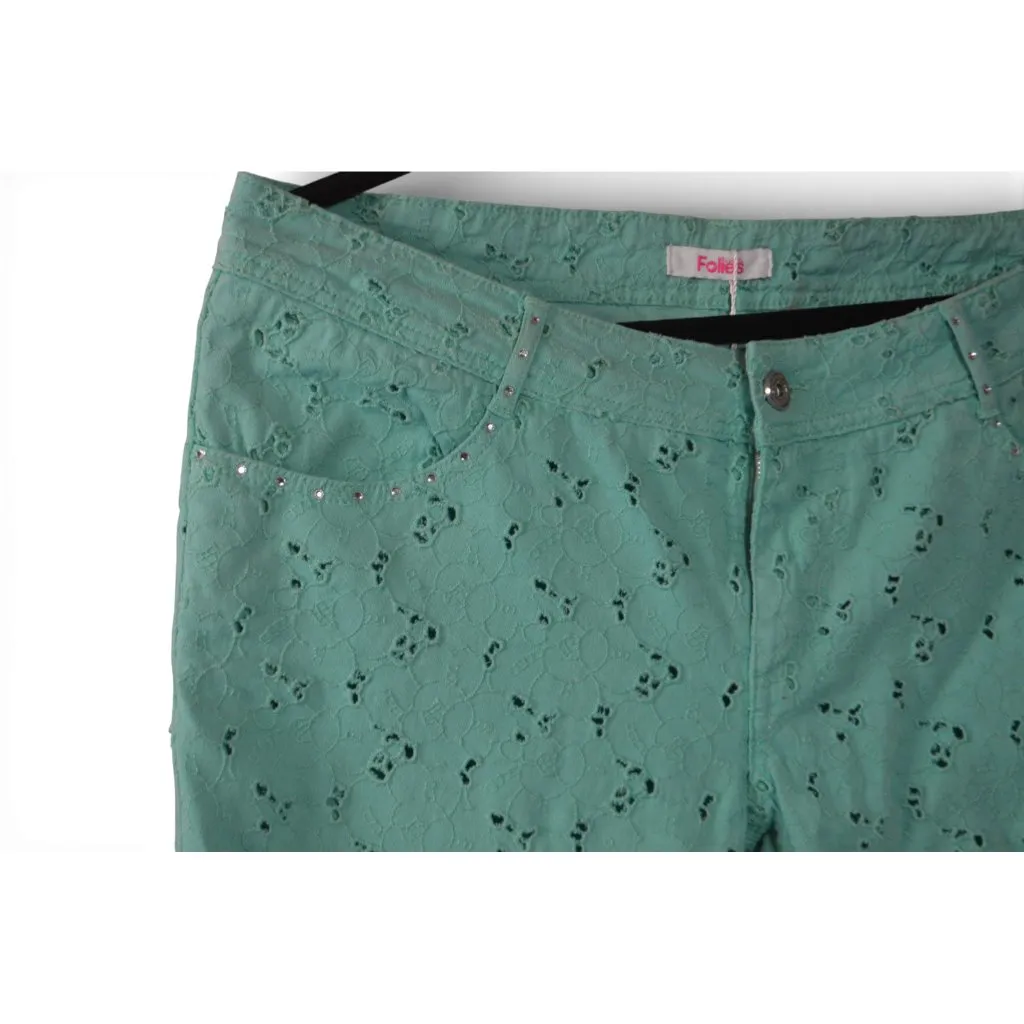 Blugirl Follies Eyelet Pants EU 46 / US 12 Turquoise Blue Studded Slim Fit - Image 2