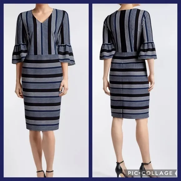 ECI Navy Blue &White Striped Bell Cuff Career Dressy Dress 6 NWT - Image 2