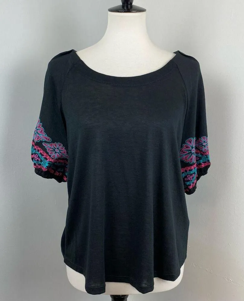 Floral Embroidered Puff Sleeve Blouse Top Telluride Clothing Medium Black - Image 2