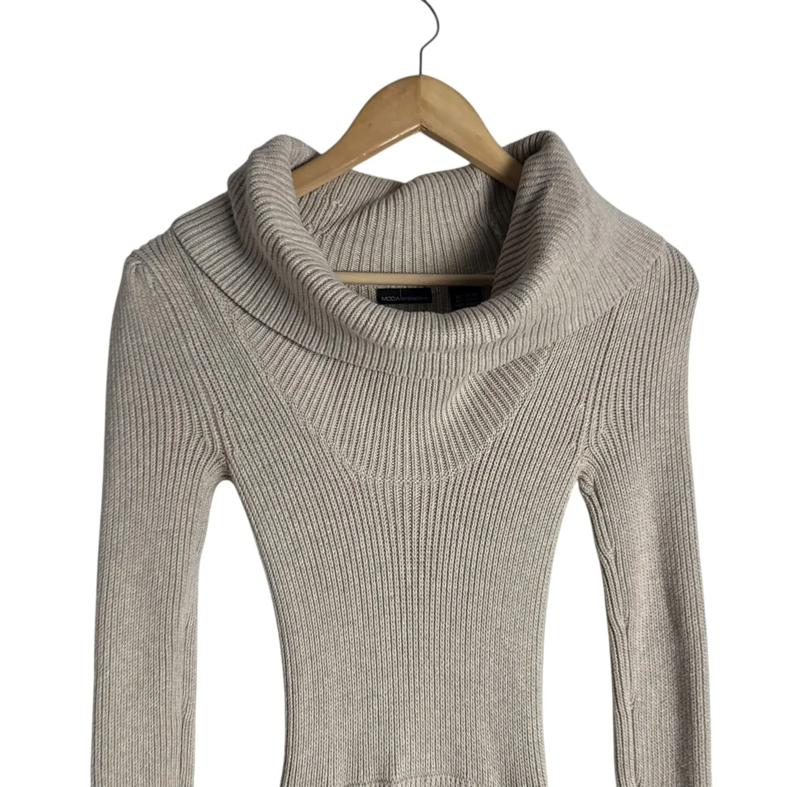 Moda International Beige Ribbed Knit Long Sleeve Flounce Cowl Neck Sweater Dress Size XS - Image 3