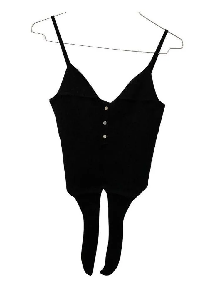 NWT Olivaceous Cropped Cami Tank SMALL Black Ribbed Tie Front V-Neck Henley Chic - Image 2