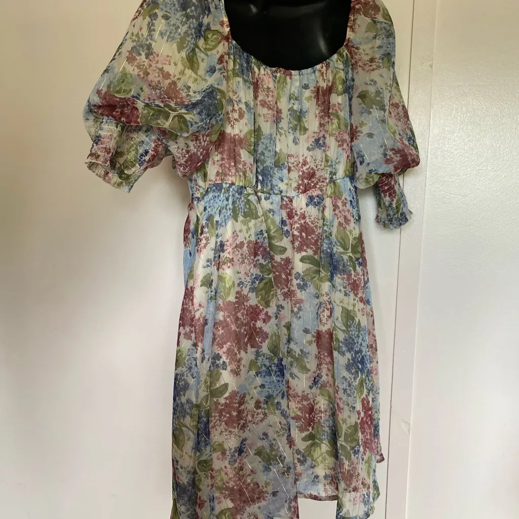 Cato Pink and Blue Puff Sleeve Midi Sundress - Image 4